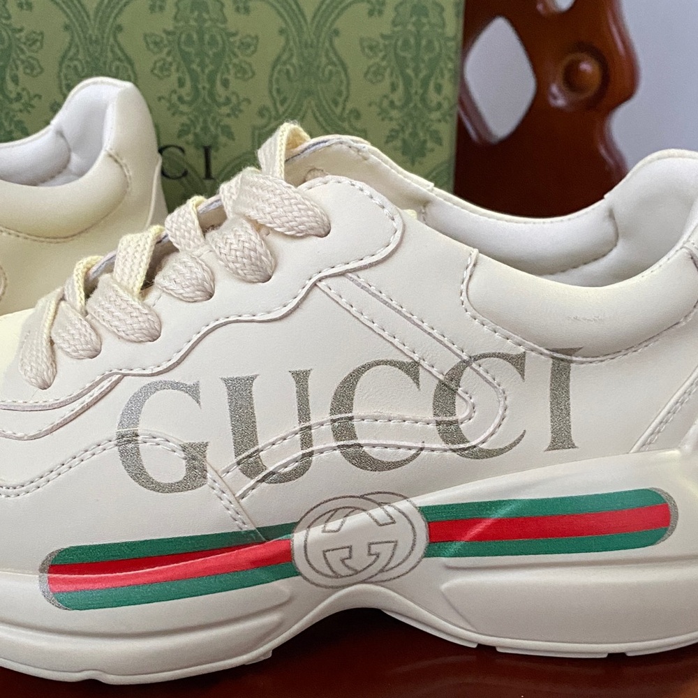 Women's Gucci White Leather Logo Print Web Stripe Chunky Sneakers✨✨ - Picture 4 of 5